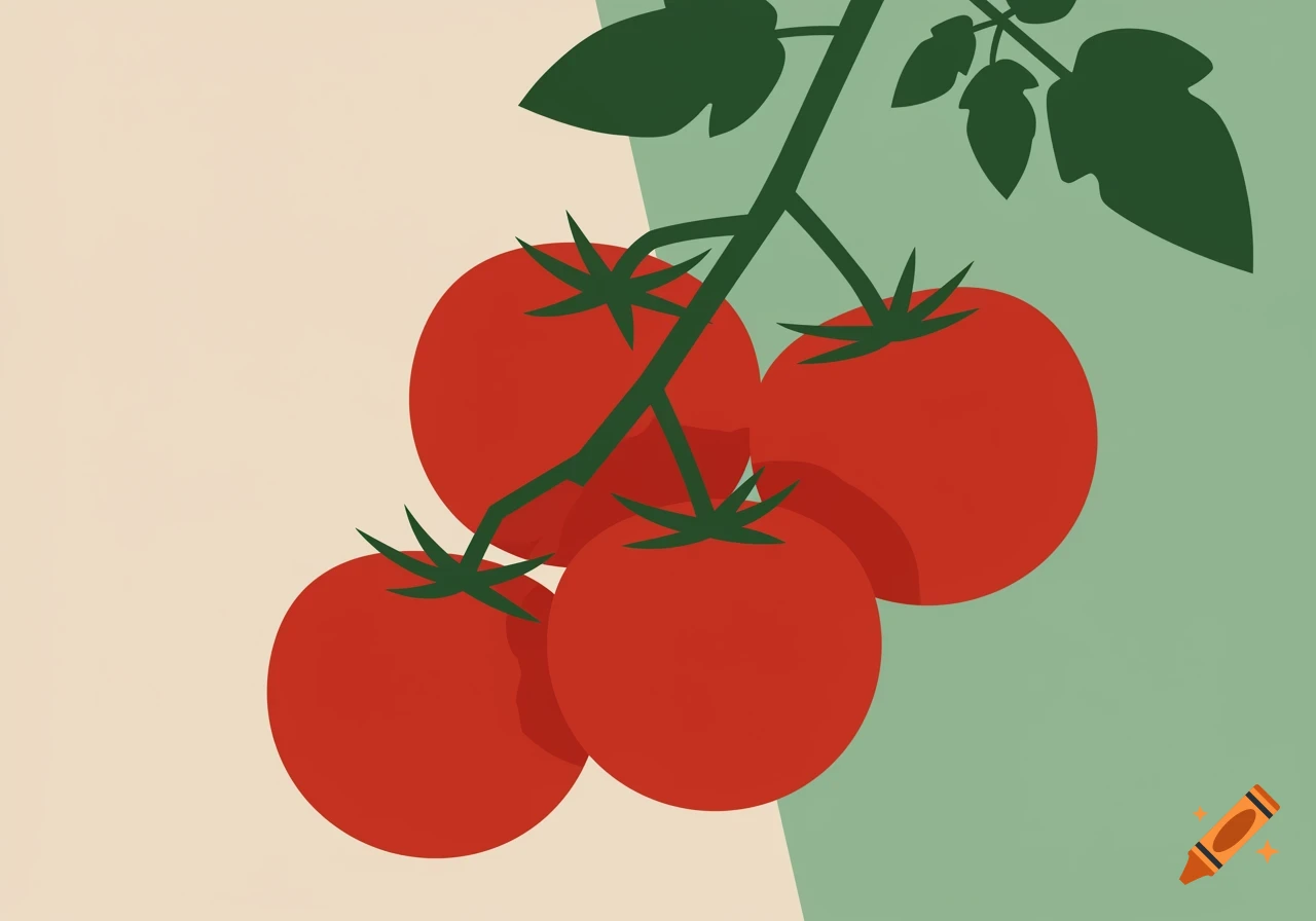 Flat minimalist illustration of red tomatoes on a vine against a two-tone background.