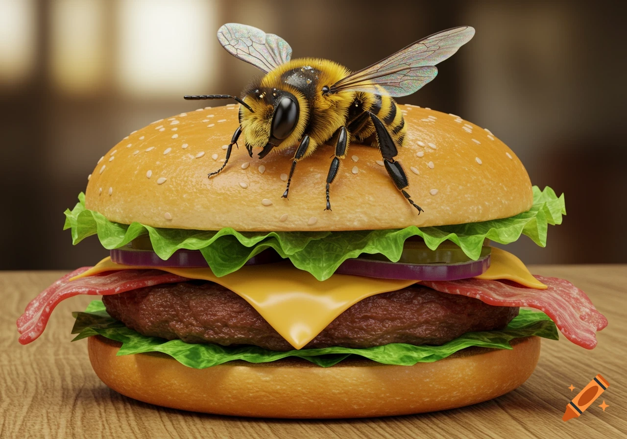 A large, photorealistic bee perched on top of a hamburger with lettuce, cheese, onion, and bacon, on a wooden table.