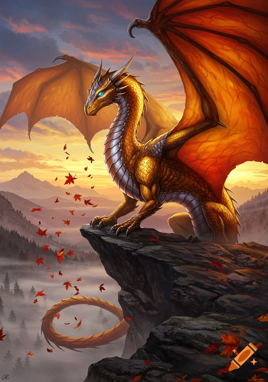 A golden, orange, and red dragon with blue eyes and silver underbelly perched on a rocky cliff at sunset, with falling red leaves.