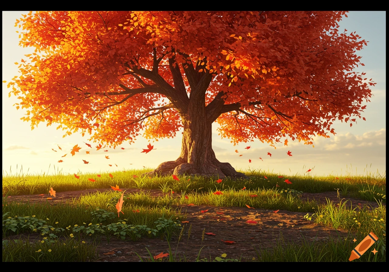 Vibrant autumn landscape with a large maple tree, bright orange leaves falling onto green grass and a dirt path under a clear sky.
