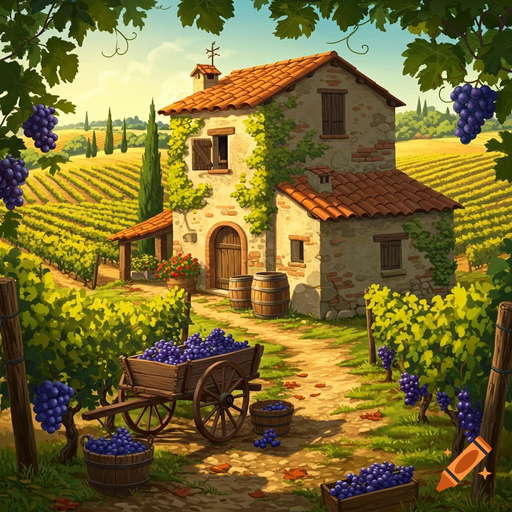 A colorful illustration of a quaint farmhouse nestled in a vineyard under a sunny sky, with baskets and a cart filled with purple grapes.
