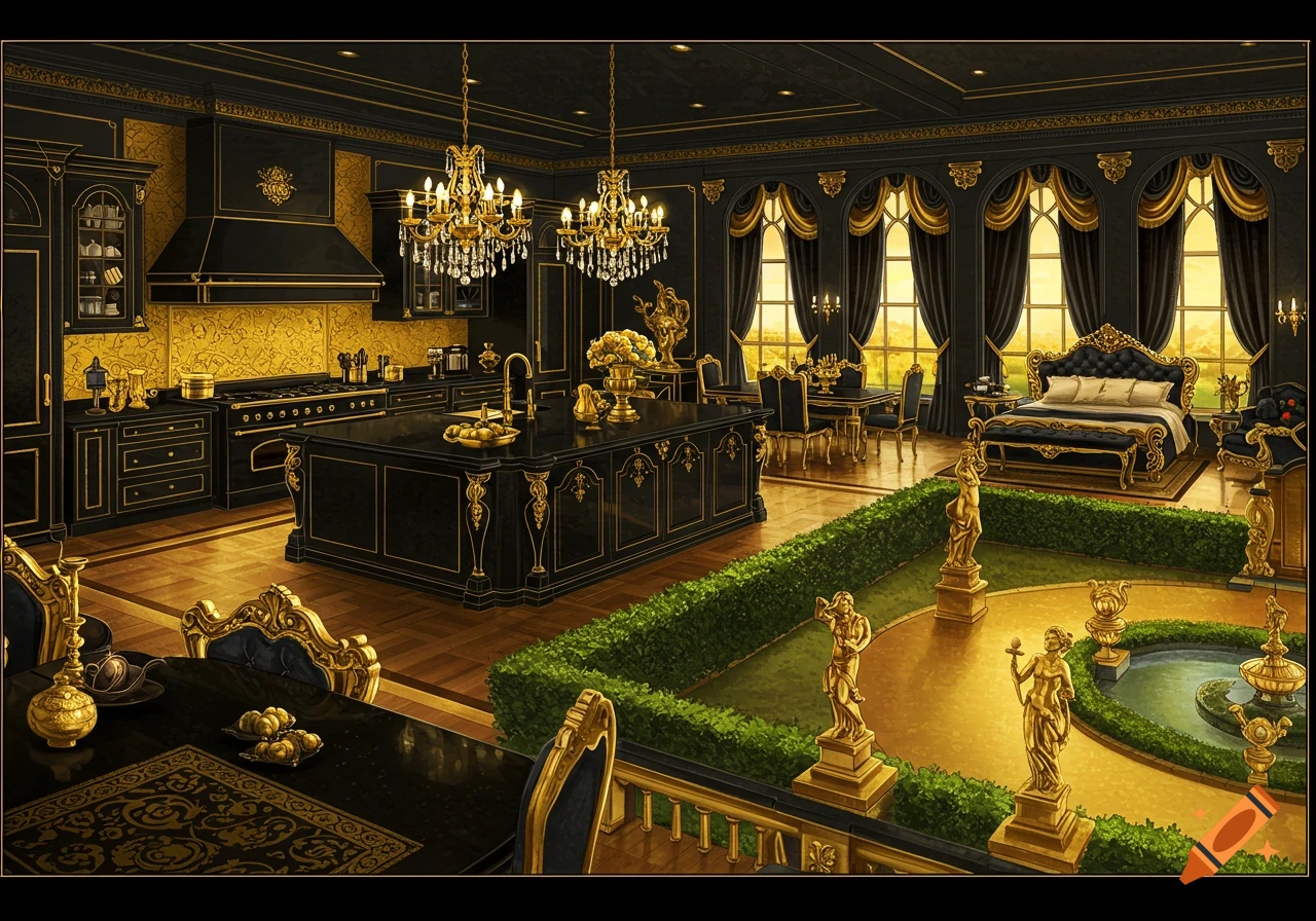 A grand, luxurious room in black and gold with a large kitchen, dining area, bedroom, and an indoor garden with statues and a fountain, all in a royal style.