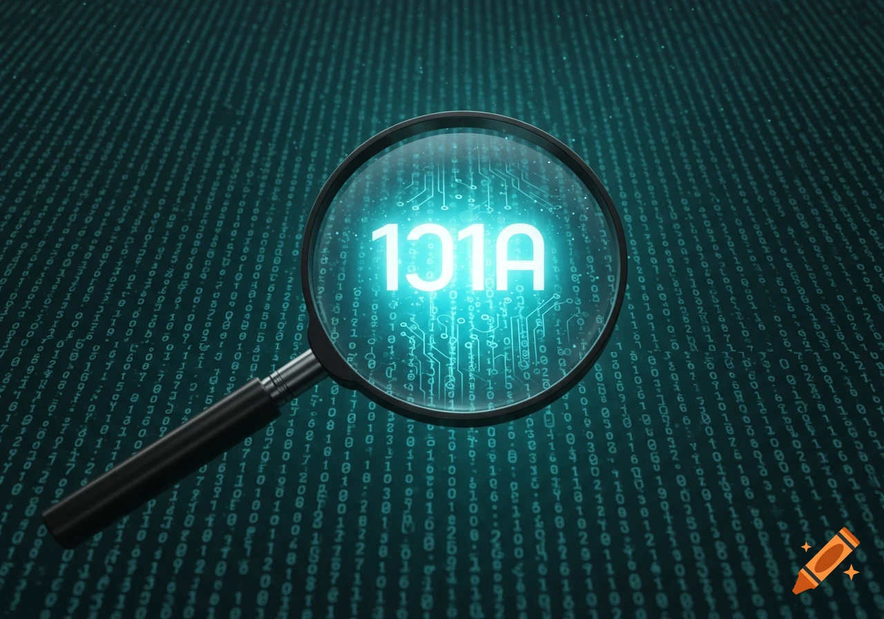 A magnifying glass on a digital background of ones and zeros, illuminating the characters '101A' in bright blue.