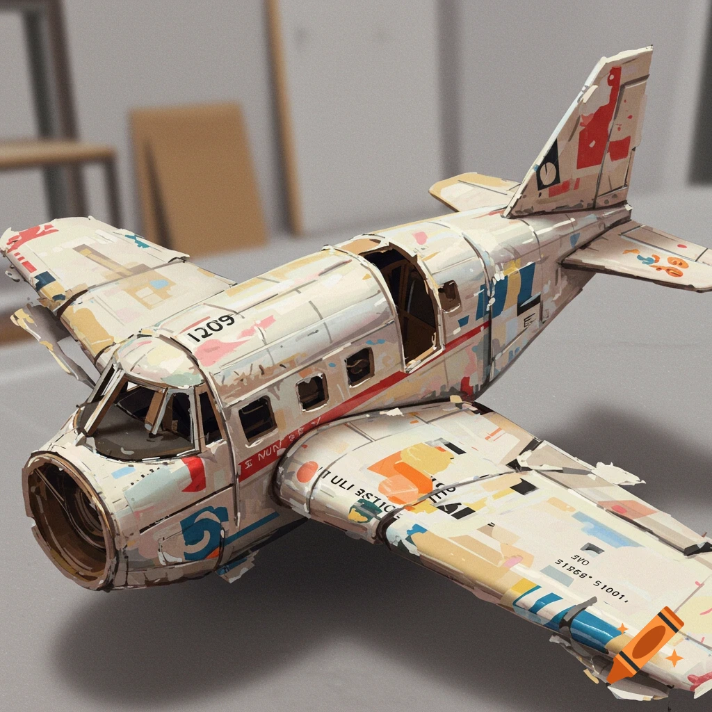 A distressed papier-mâché model airplane, painted in white with colorful abstract markings, sits on a grey surface.