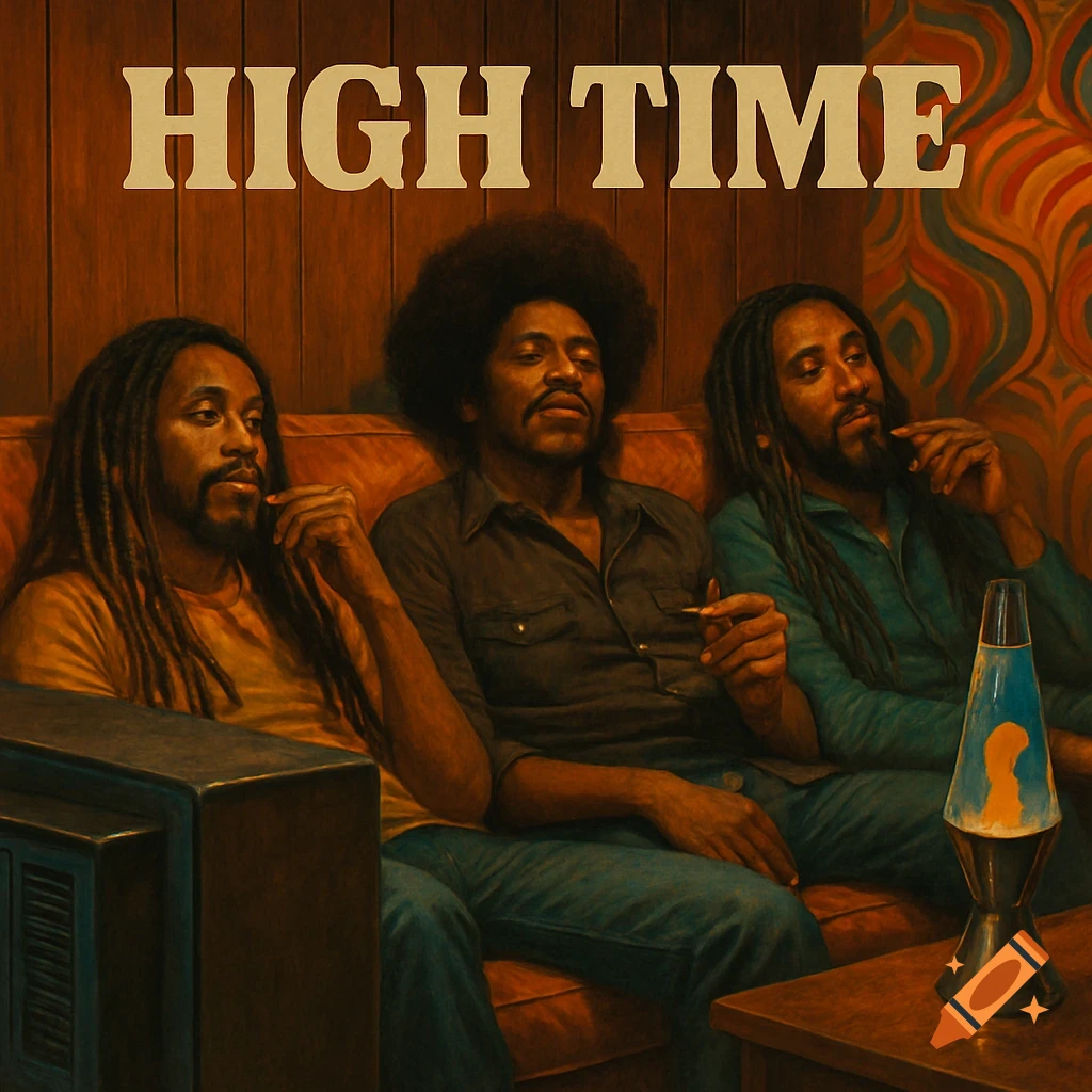 Three Black men, two with dreads, one with an afro, on a 70s couch with a lava lamp and TV. Text: 'HIGH TIME'.