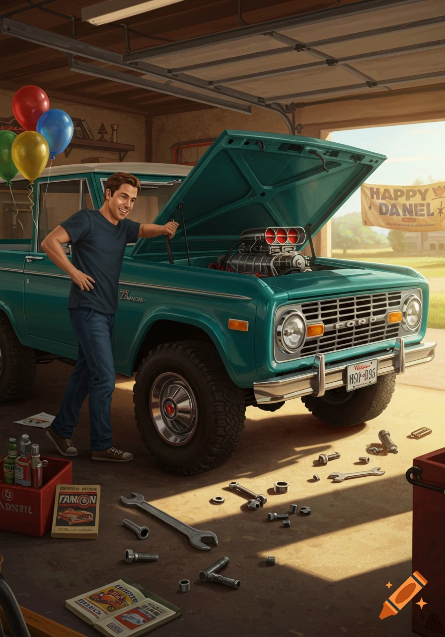 A man in a garage stands next to a teal 1970 Ford Bronco with its hood open, balloons tied to the front. Tools are scattered on the floor.