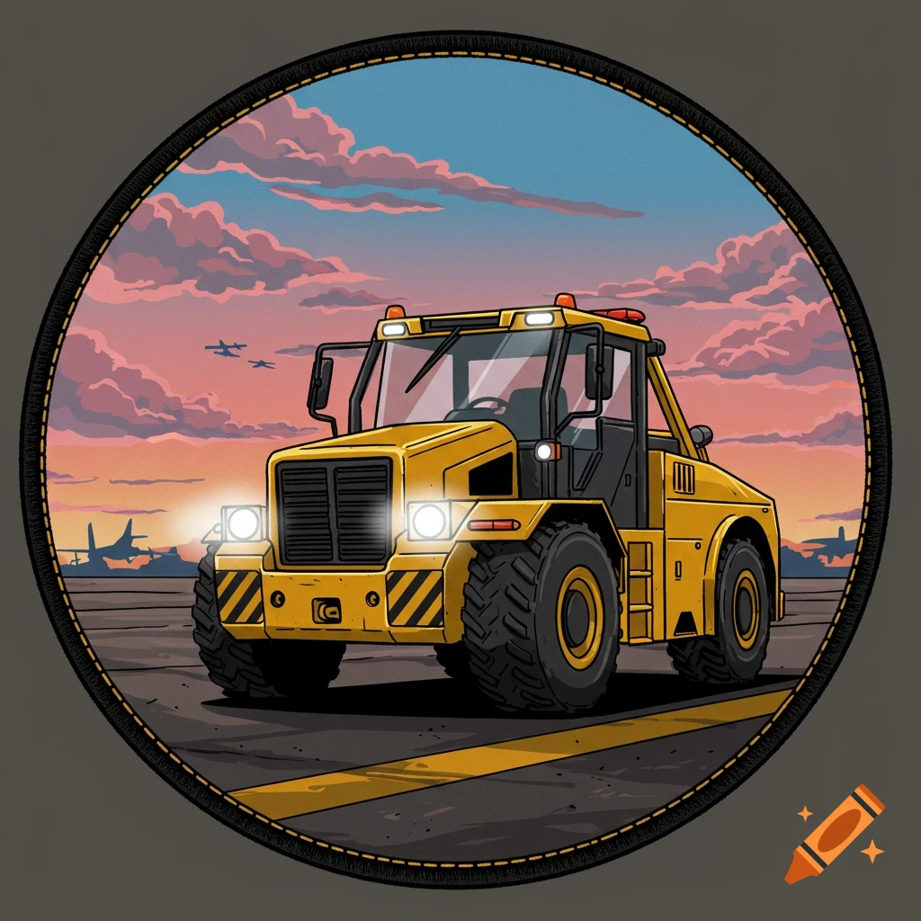 A yellow airport tow tractor on a runway with a sunset sky and airplanes in the background, illustrated in a circular patch style.
