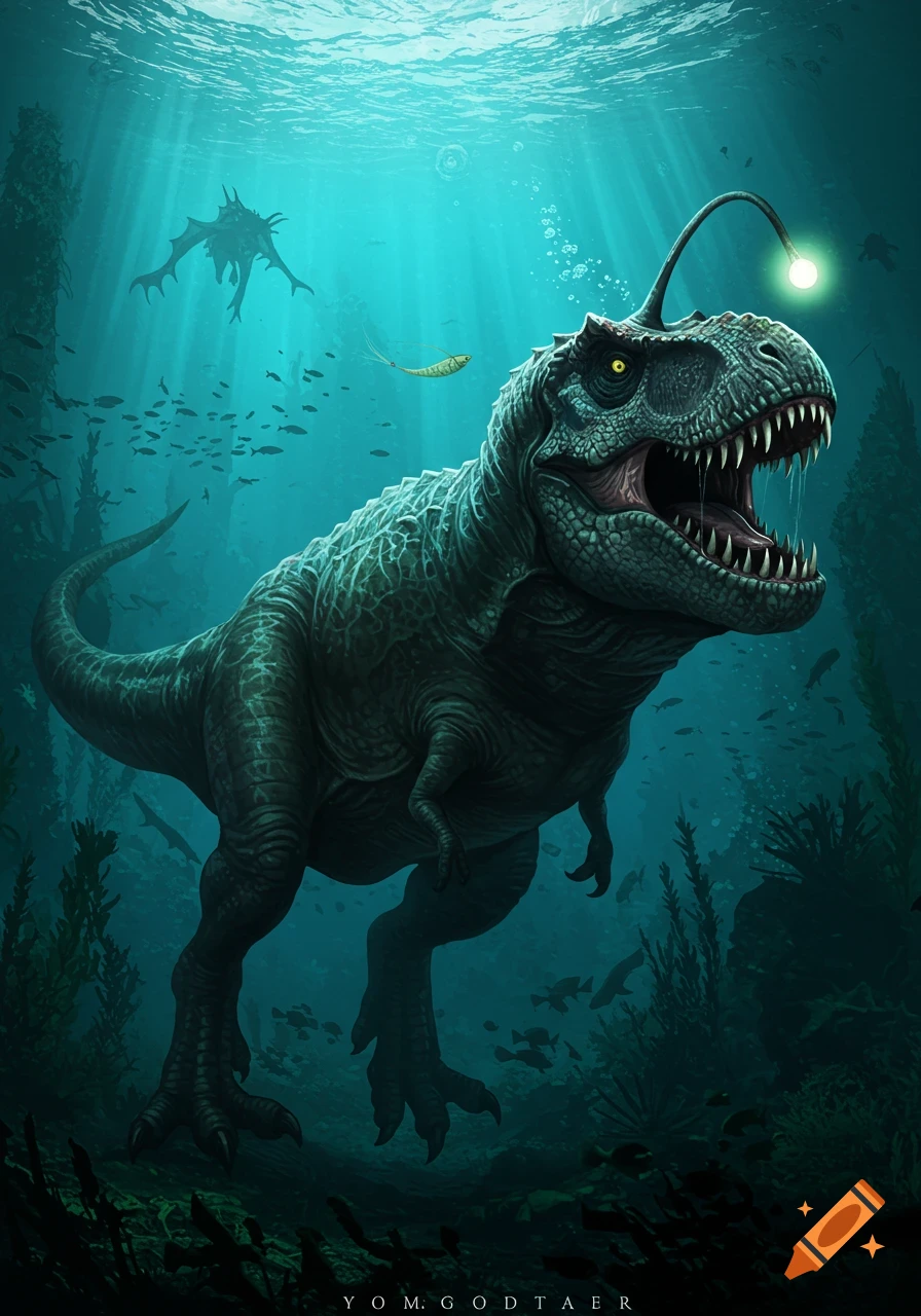 A large, green, scaly T-Rex with an angler fish's bioluminescent lure on its head, swimming menacingly underwater amidst seaweed and schools of small fish.