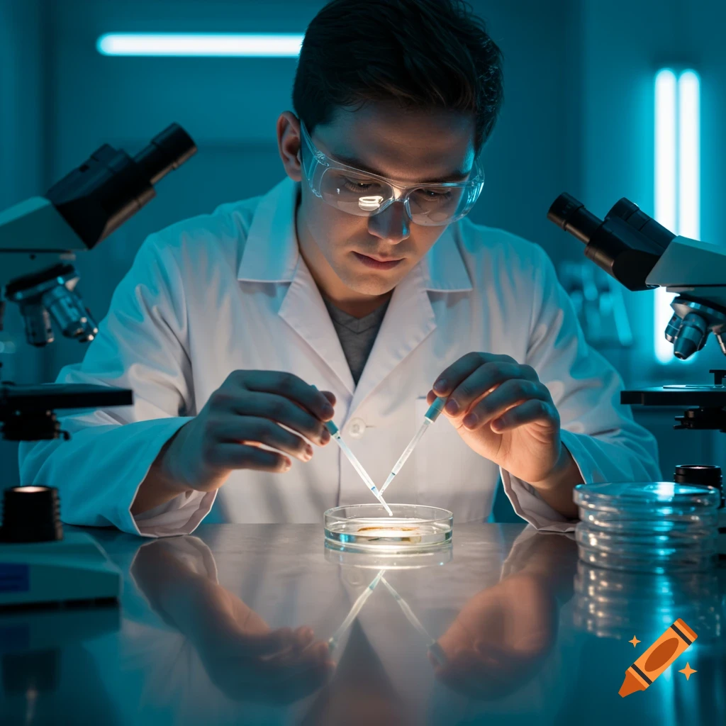 A scientist in a lab coat and safety glasses conducts an aquatic toxicology test with pipettes and a petri dish.