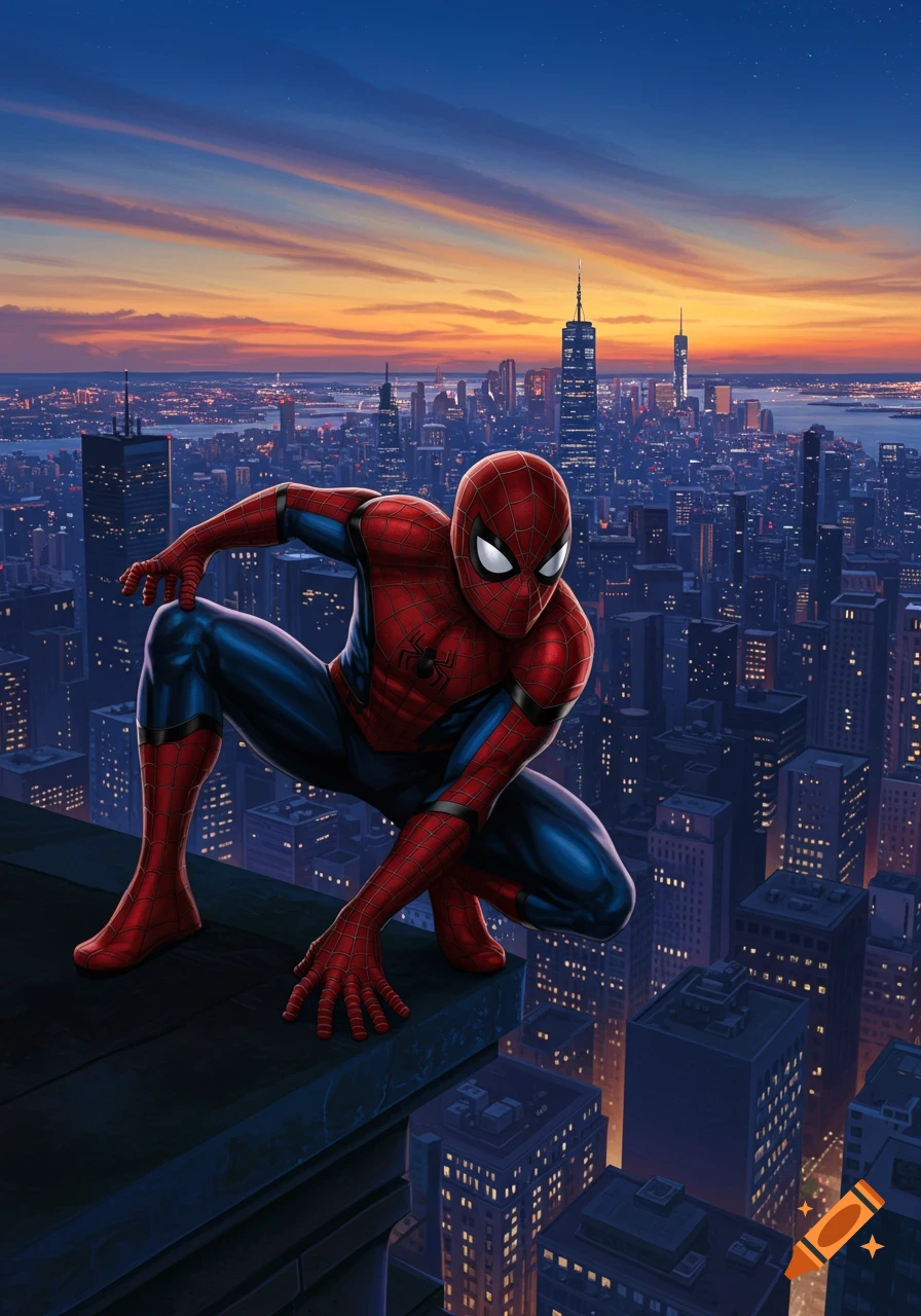Spiderman in a red and blue suit crouches on a rooftop overlooking a vast city skyline at sunset.