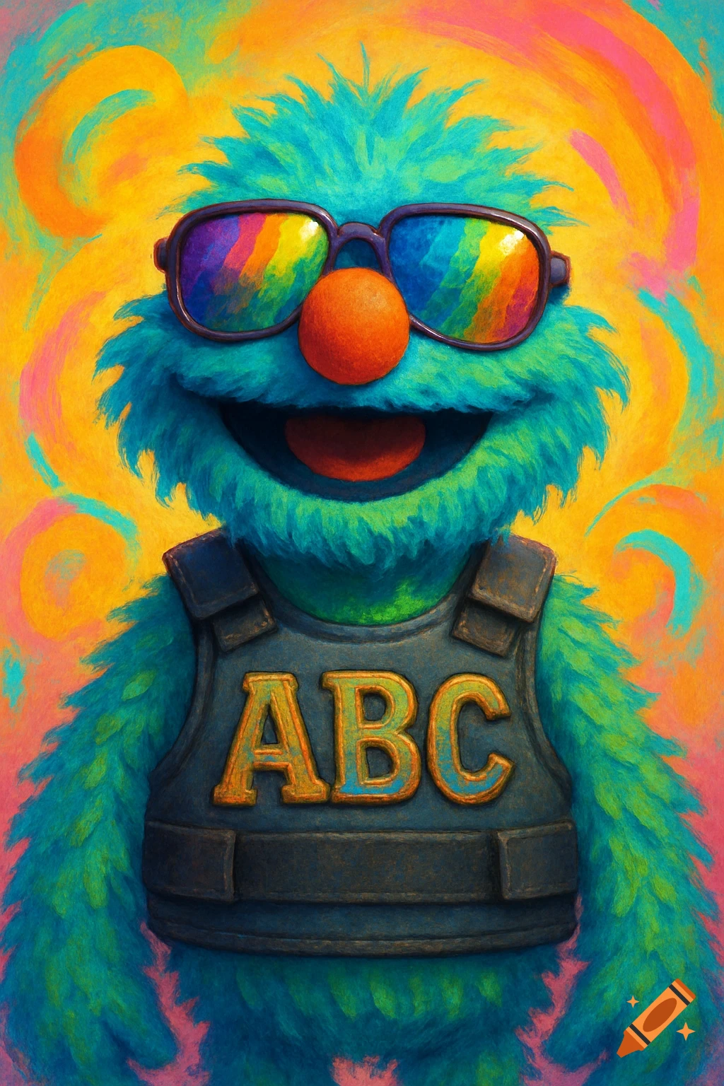 A vibrant, fuzzy blue muppet-like character with rainbow sunglasses and a dark vest with 'ABC' on it, against a colorful swirling background.