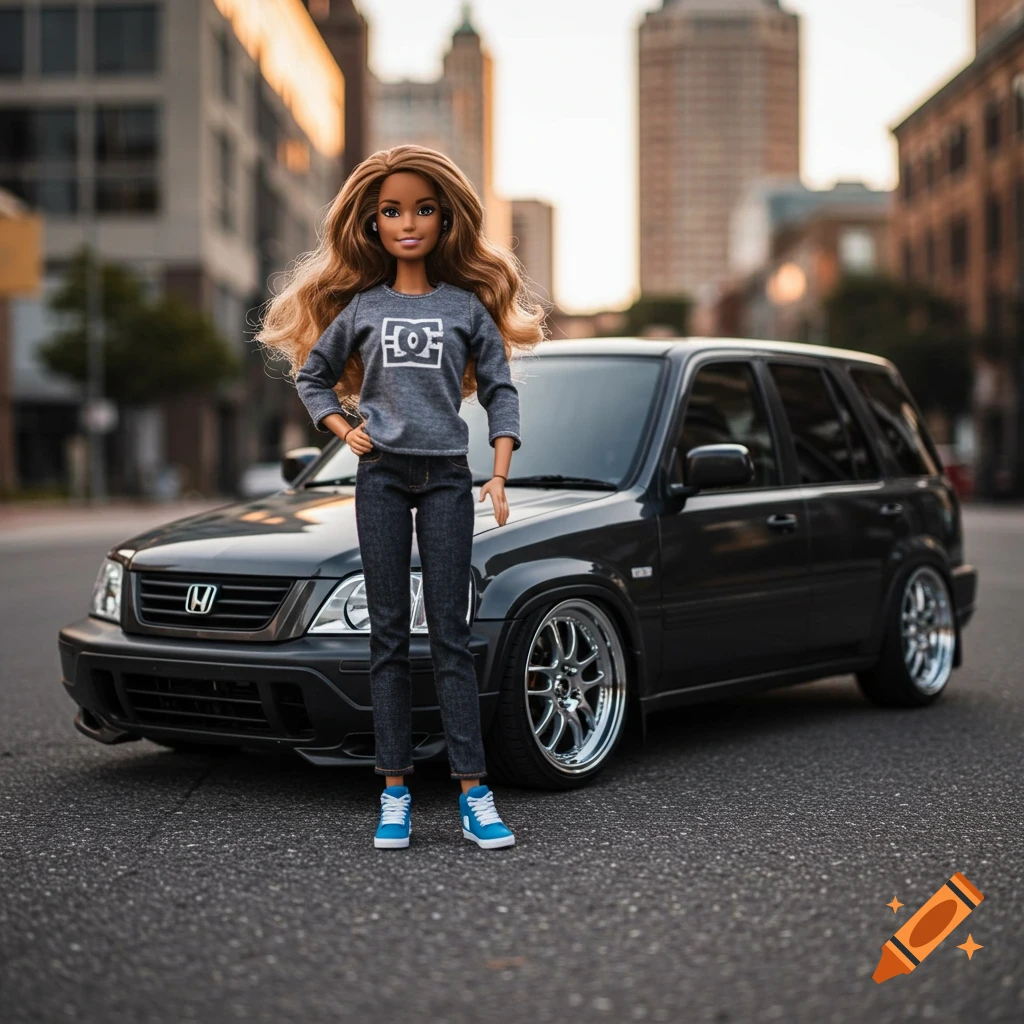 A Barbie doll in a gray sweatshirt and jeans poses in front of a tuned dark gray Honda CRV on a city street.