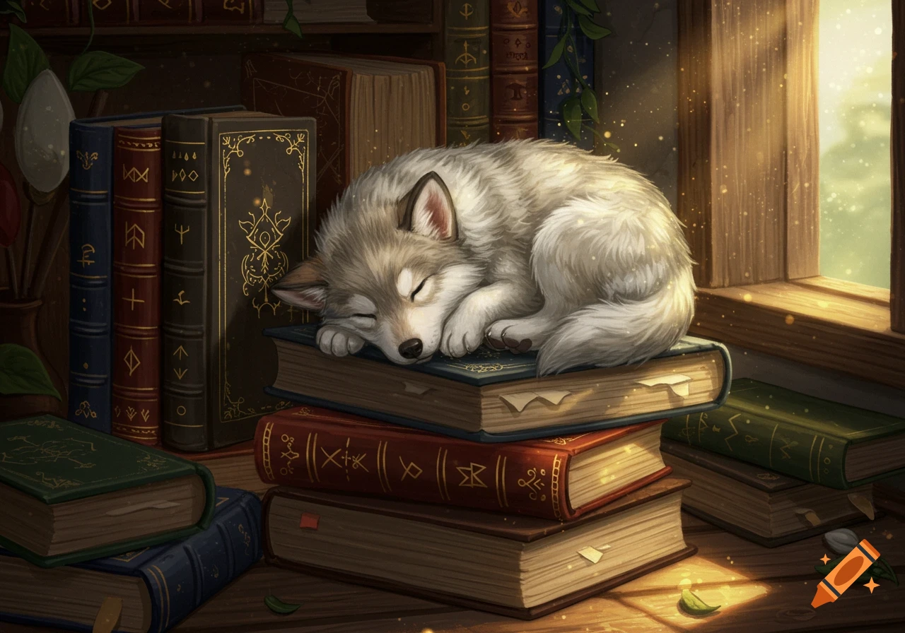 A cute gray wolf puppy sleeps curled up on a stack of antique books next to a sunlit window in a digital painting.