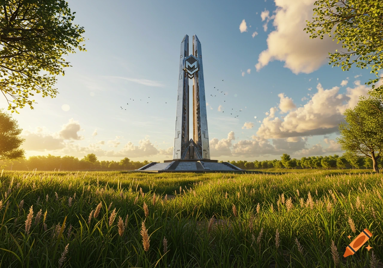 A tall, futuristic metallic monument with an 'M' logo stands in a vast green field at sunset, under a partly cloudy sky. Photorealistic.