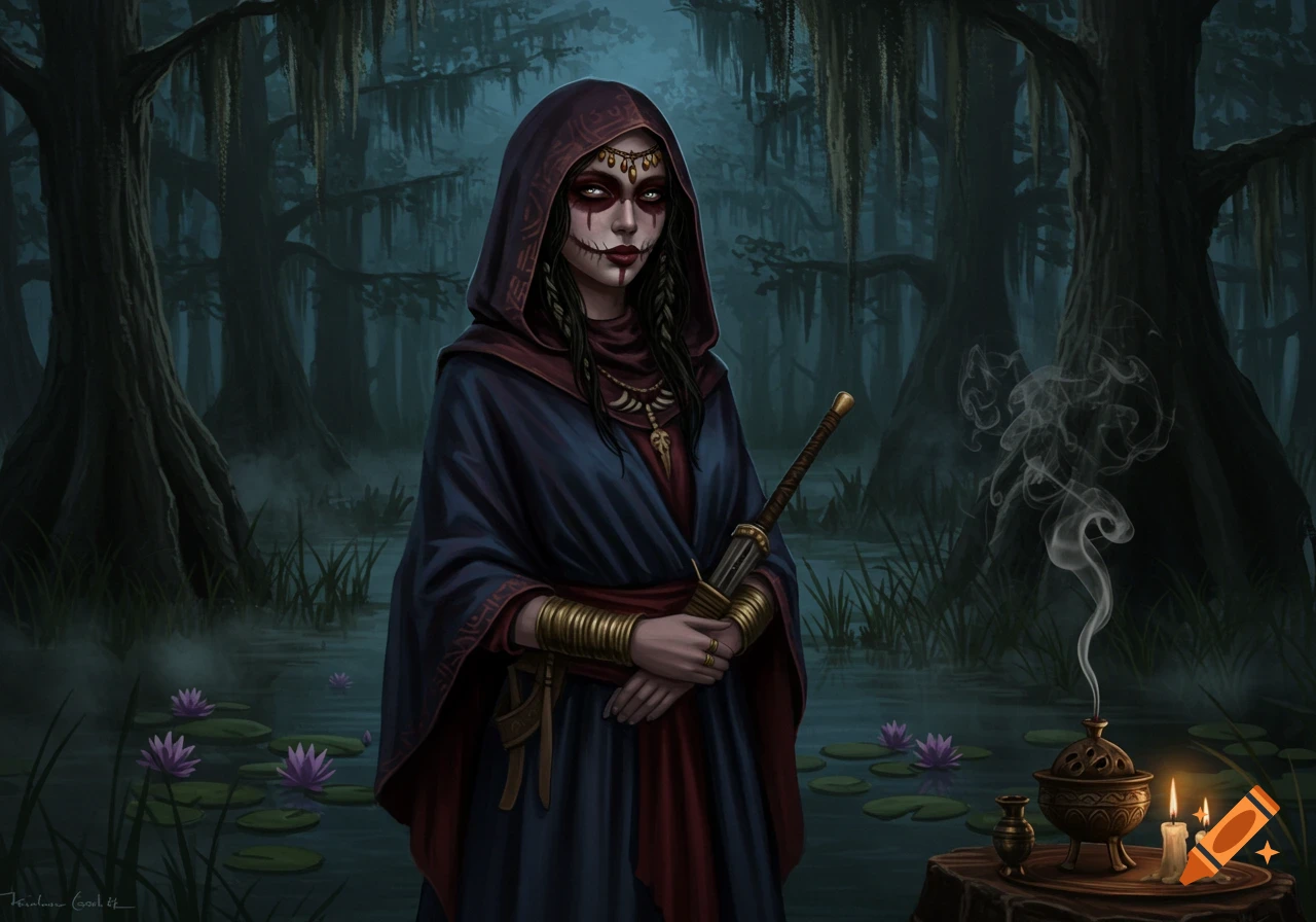A woman with red eyes and stitches on her lips wears a dark cloak and holds a sword in a misty swamp with lily pads and cypress trees.