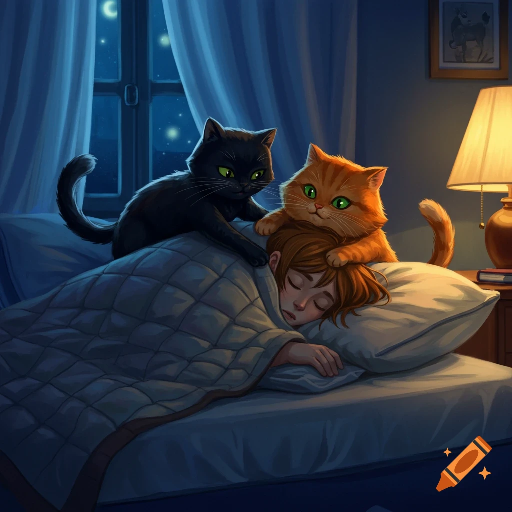 An illustration of two cats, one black and one ginger, sitting on a person sleeping in bed at night.