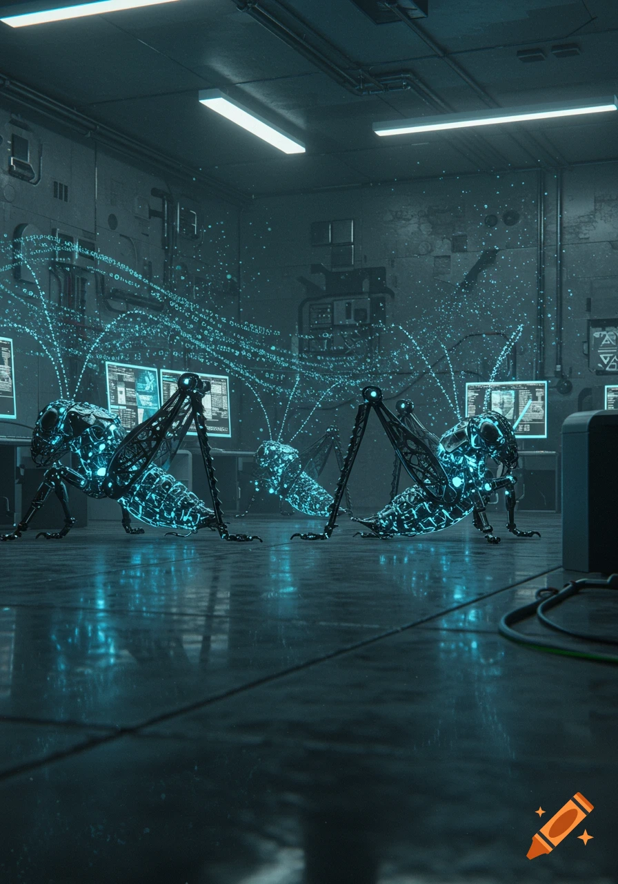 Glowing blue robotic insects in a dark, futuristic server room with data streams flowing from their antennae.