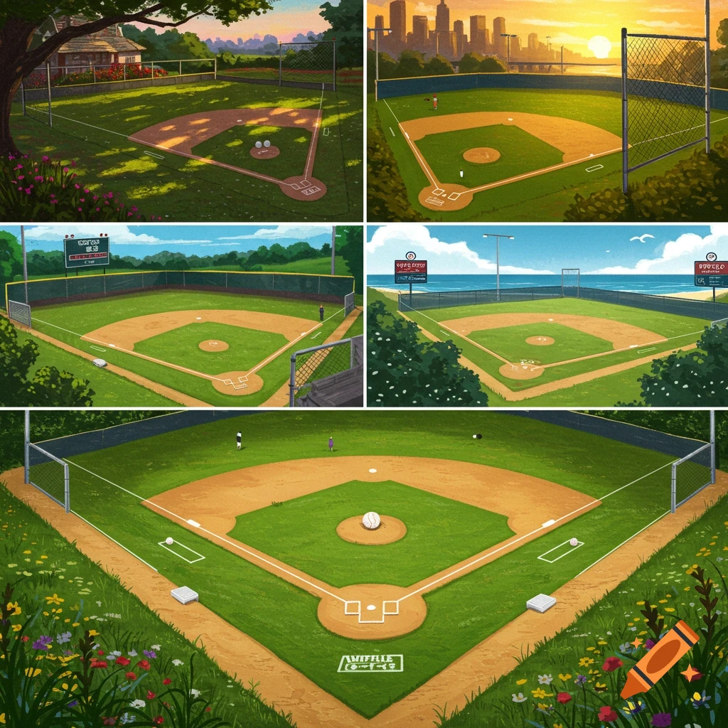 Five illustrated wiffle ball fields in various settings, including a park, city skyline, and ocean view.