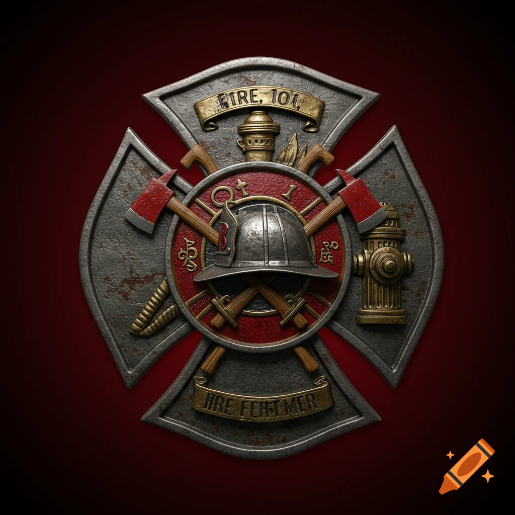 A detailed, rusty metallic firefighter's Maltese Cross emblem with axes, a helmet, a fire hydrant, and banners with text, set against a dark red background.