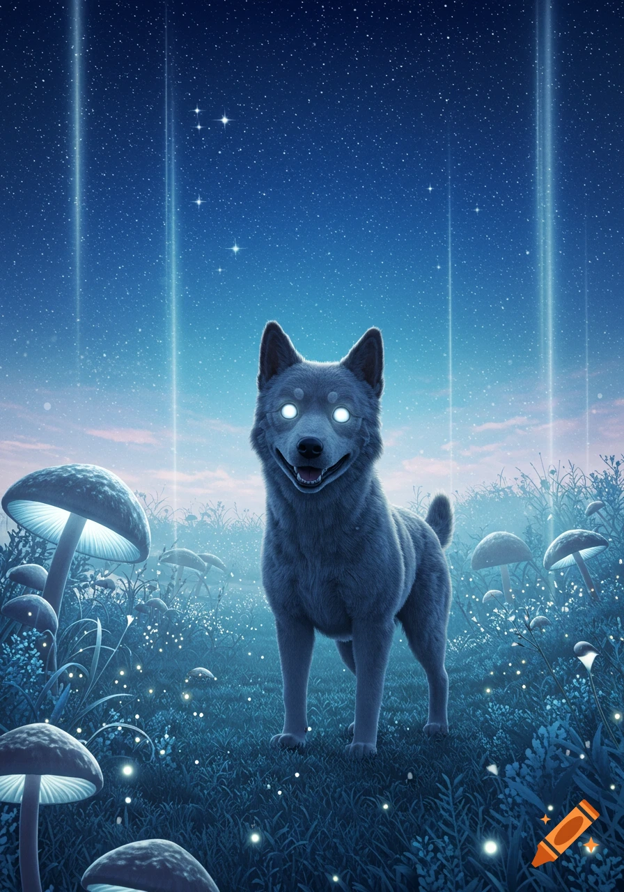A smiling gray dog with glowing white eyes stands in a field of glowing mushrooms and grass under a starry blue night sky with light beams.