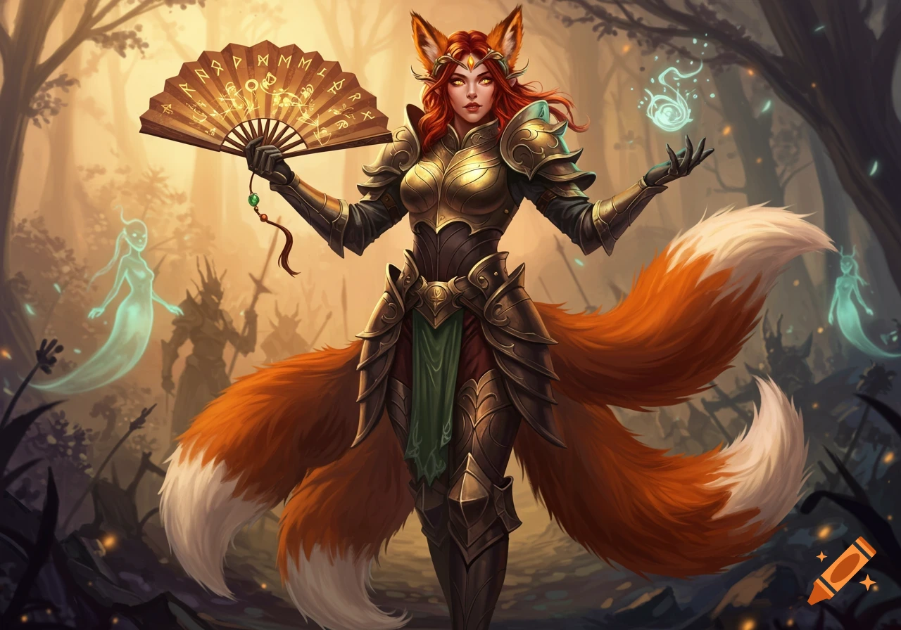 A majestic fox-eared warrior in ornate gold and bronze armor holds a glowing runic fan in a mystical forest, with spectral figures in the background.