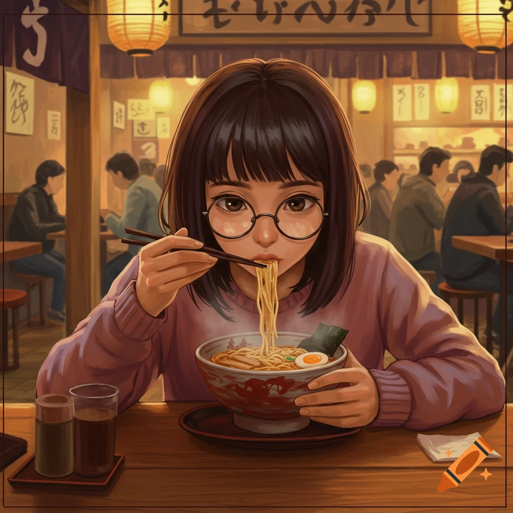 A girl with dark brown bangs and glasses slurps ramen noodles in a cozy, warm-lit Japanese restaurant.