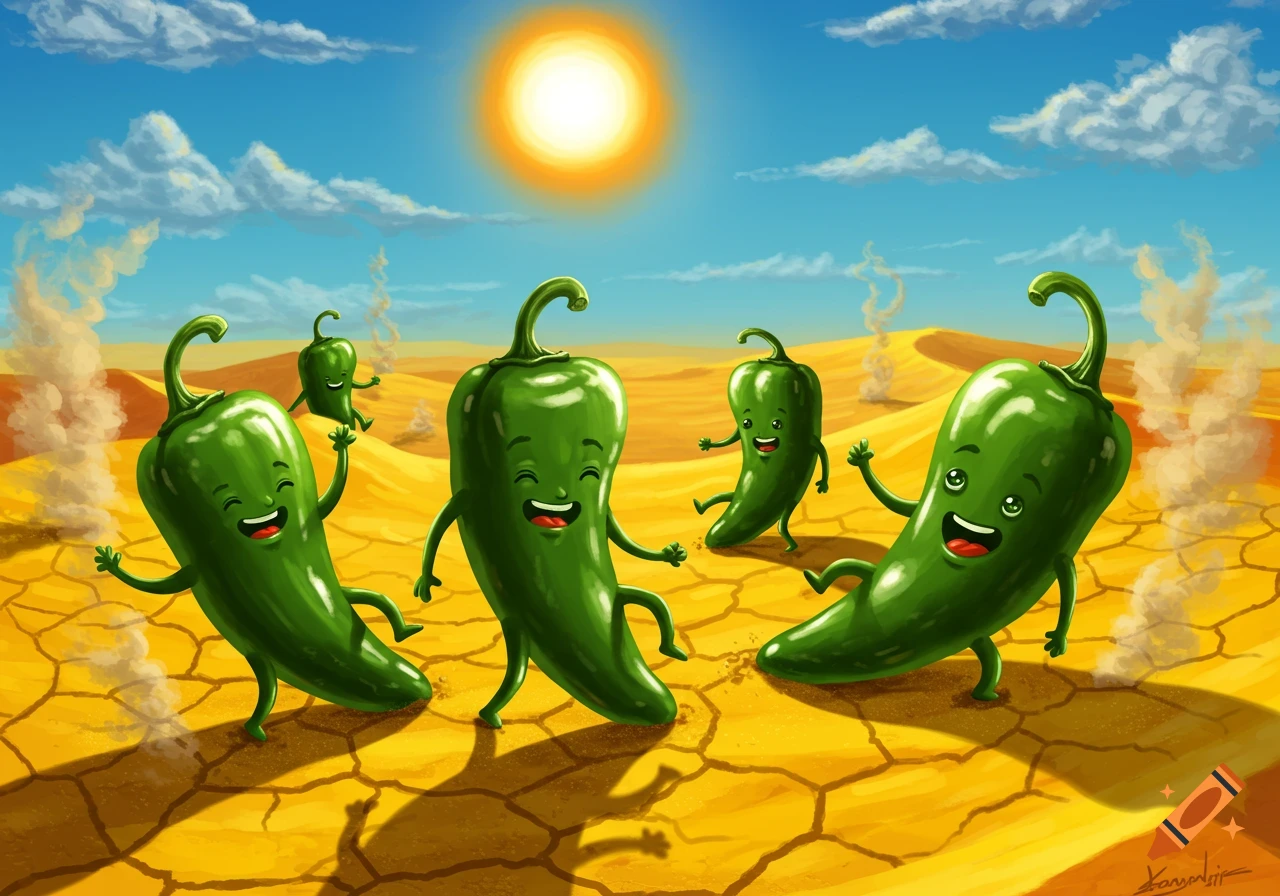 Several smiling, dancing cartoon jalapeño peppers in a cracked desert under a bright sun.