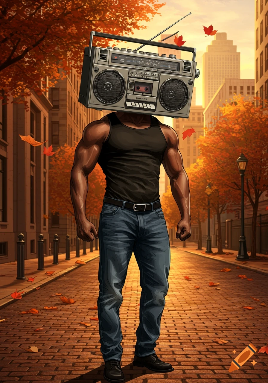 A muscular man in a black tank top and jeans with a vintage boombox for a head stands on an autumn city street.