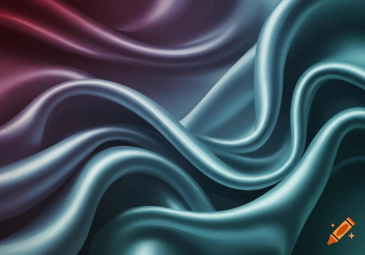 Flowing abstract satin fabric in shades of teal, blue, and reddish-purple.