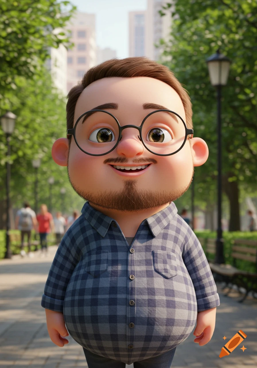 A cute 3D cartoon man with glasses, a beard, and a big belly, wearing a plaid shirt and smiling, standing in a park.