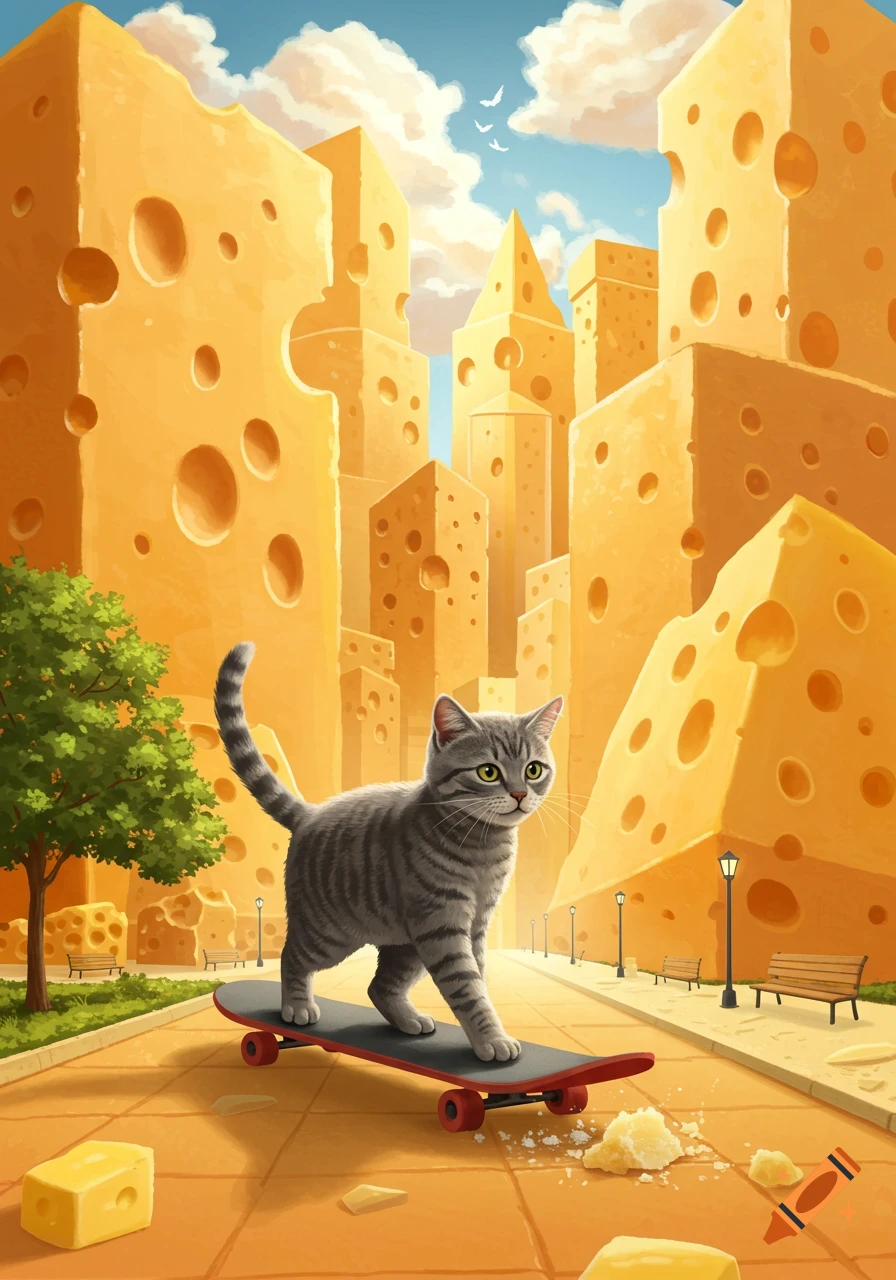 A gray tabby cat rides a red skateboard on a yellow sidewalk in a fantastical city made of Swiss cheese.