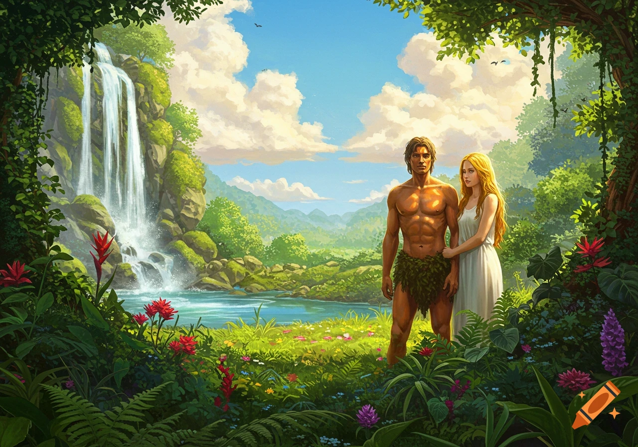 Illustrative depiction of Adam and Eve in a lush Garden of Eden with a waterfall and bright foliage.