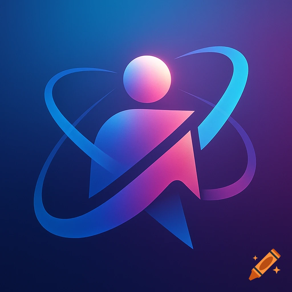 Abstract logo with a human-like figure and upward arrow, encircled by blue and purple orbital lines on a gradient background.