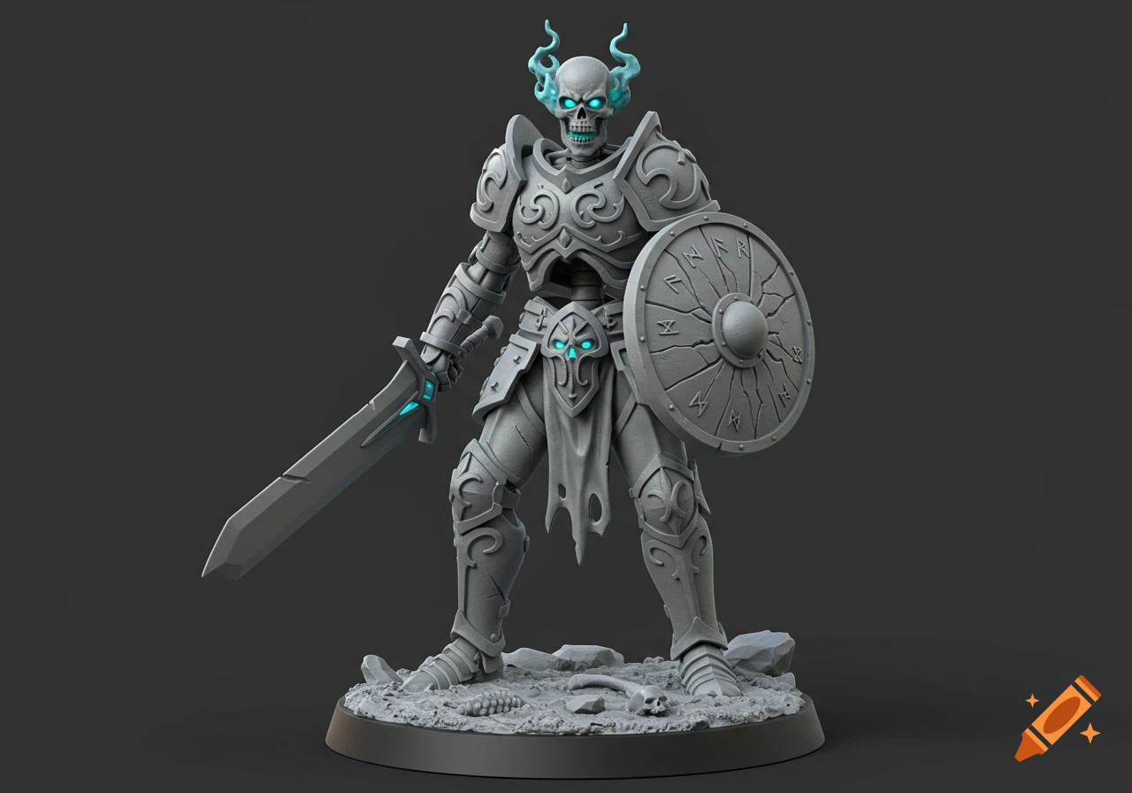 A highly detailed gray 3D model of a skeleton warrior in ornate armor with glowing blue eyes and flaming horns, holding a sword and a shield with runes, standing on a rubble-strewn base.