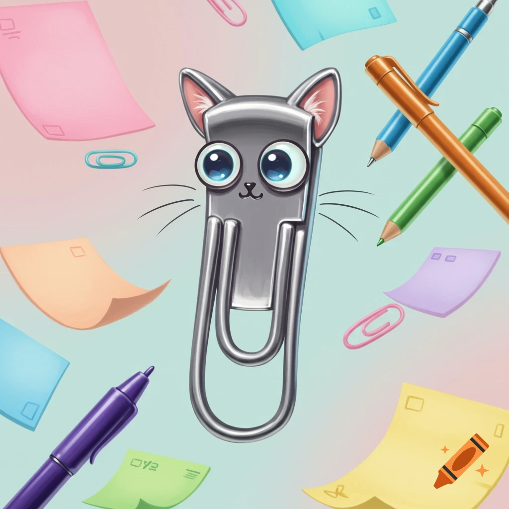 A cartoon paperclip character with cat ears and whiskers, with large blue eyes, surrounded by floating colorful sticky notes, pens, and other paperclips.