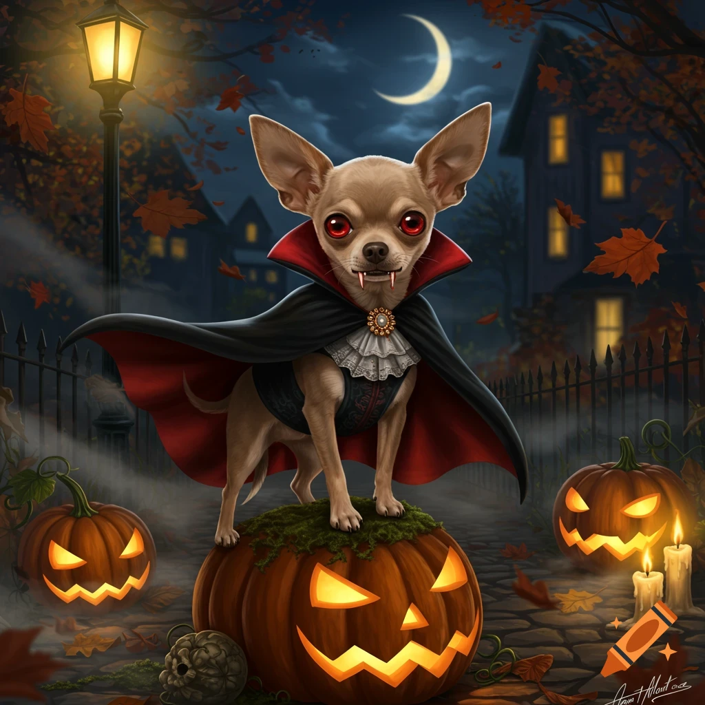 A fawn chihuahua in a vampire costume with red eyes and fangs stands on a jack-o'-lantern at night, with more pumpkins and fall leaves.
