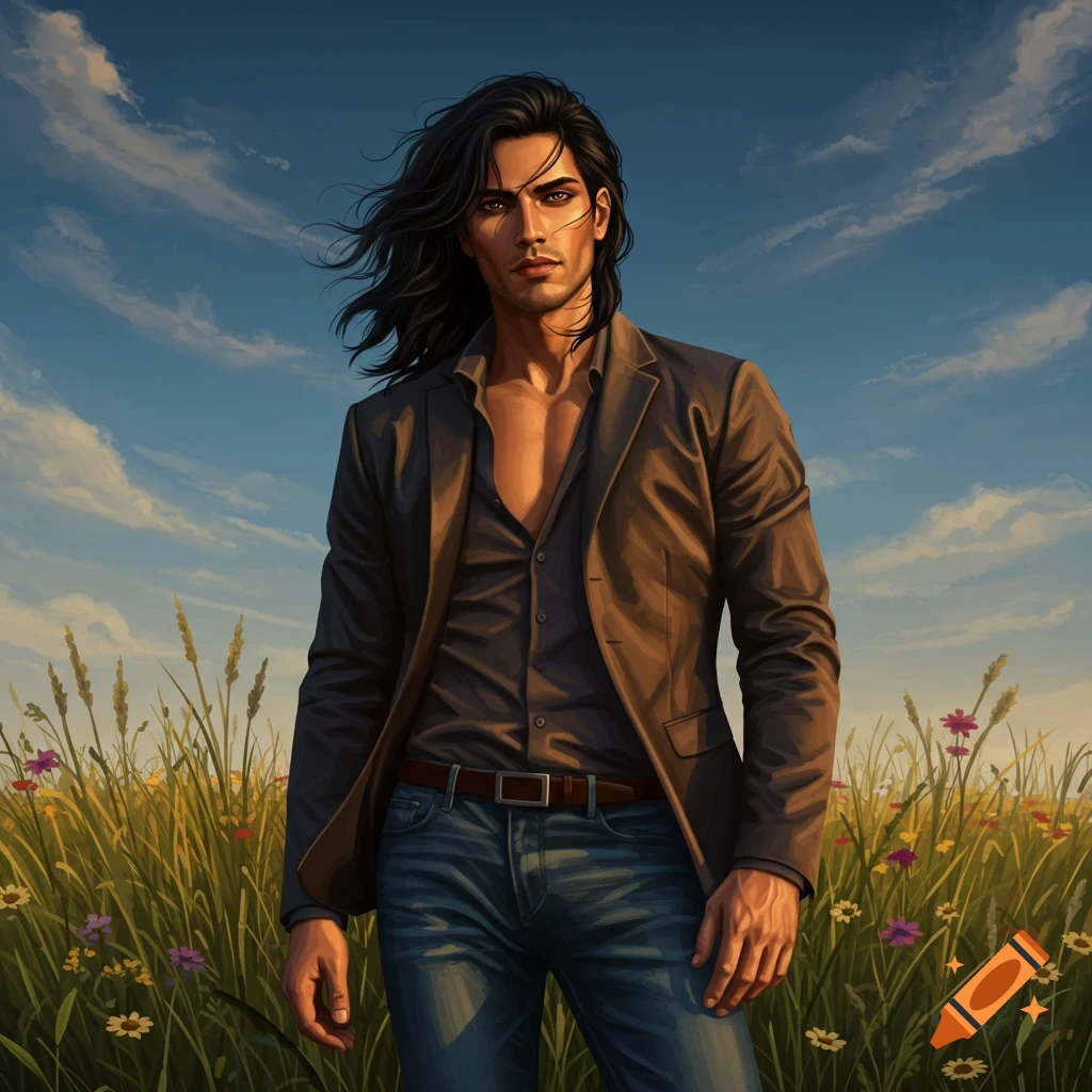 A man with long dark hair in a brown jacket and open shirt stands in a field of green grass and wildflowers under a blue sky.