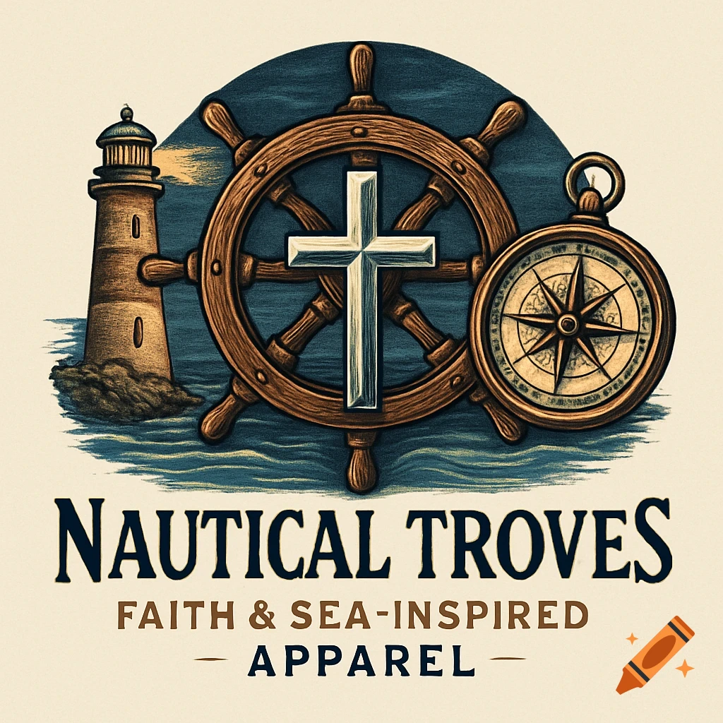 A logo featuring a ship's wheel with a cross, a lighthouse, and a compass, with "Nautical Troves Faith & Sea-Inspired Apparel" text.