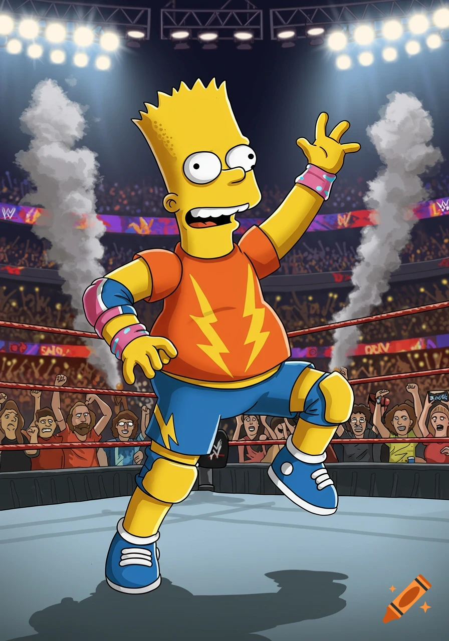 Bart Simpson dressed as a WWE wrestler, standing in a wrestling ring, raising one hand, with a cheering crowd and stadium lights in the background.