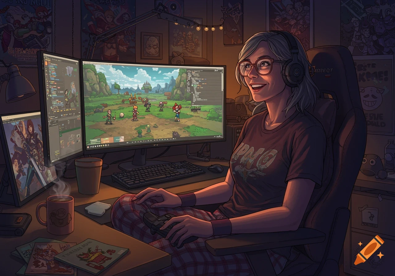 A smiling woman with grey hair and glasses wears headphones, playing a pixel art video game on a multi-monitor setup in a dimly lit room.