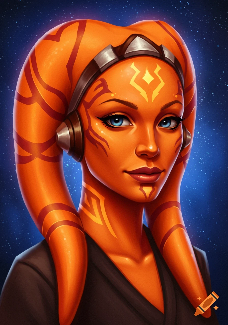 Digital portrait of a beautiful orange Twi'lek woman with blue eyes and intricate facial markings, set against a starry background.