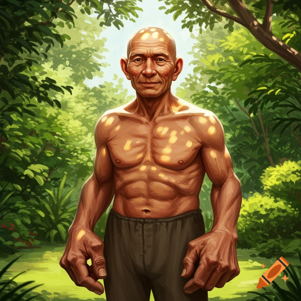 A bald, muscular, tanned old man with large hands stands in a lush green jungle, depicted in an illustrative style.
