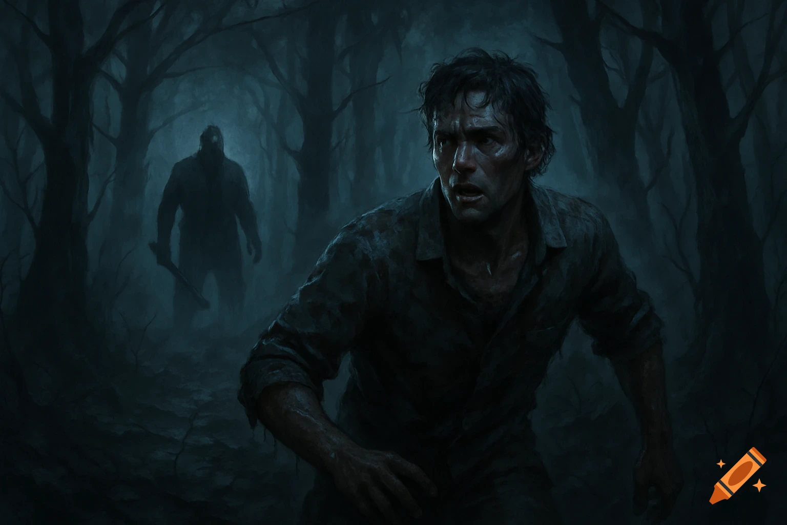 A fearful man in a dark, foggy forest looks over his shoulder at a shadowy figure with an axe in the background.