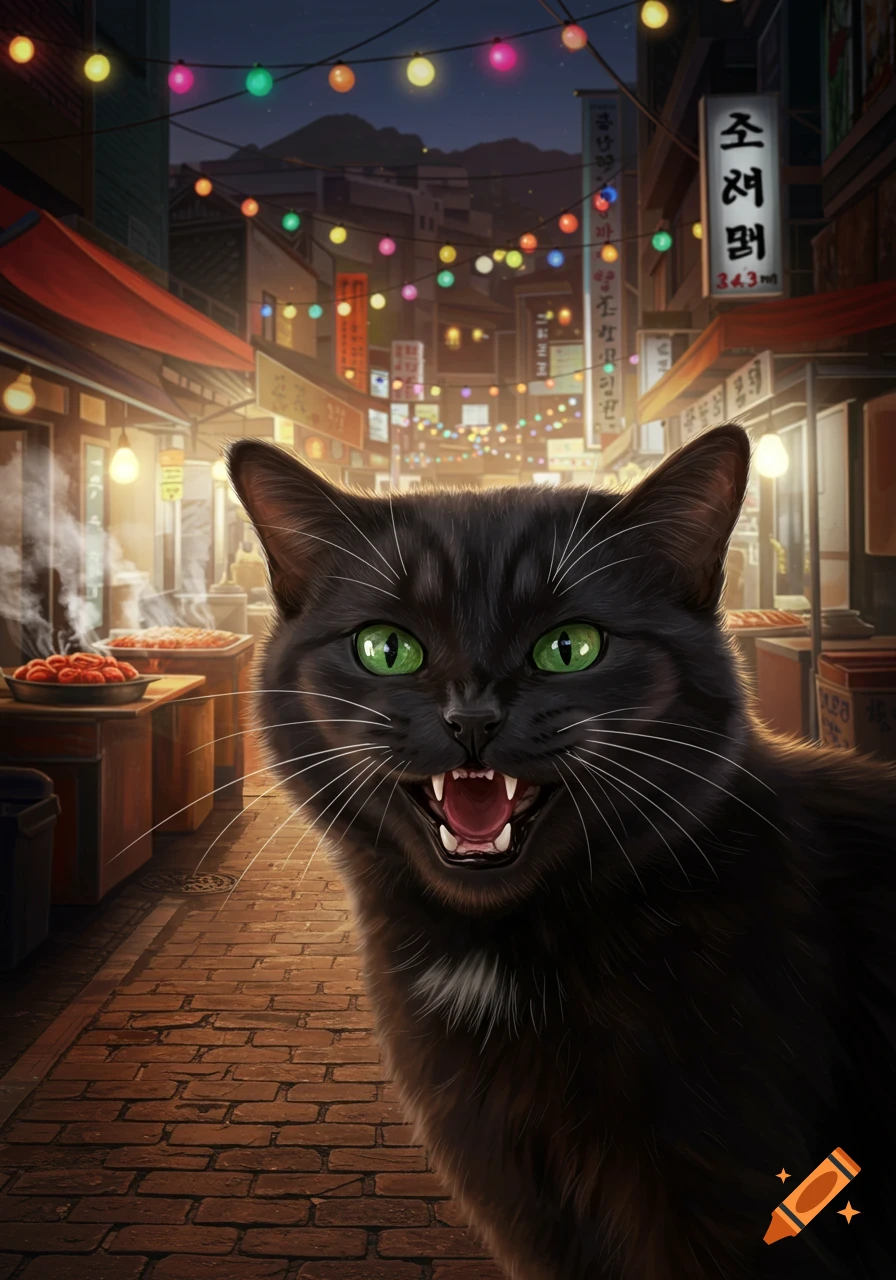 A black cat with green eyes hisses on a cobblestone street in a vibrant Korean night market with colorful lanterns and food stalls.