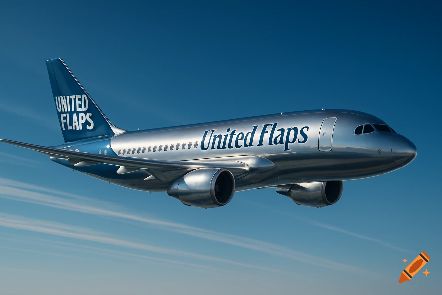 A silver and blue airplane with "United Flaps" written on its side and tail, flying against a clear blue sky.