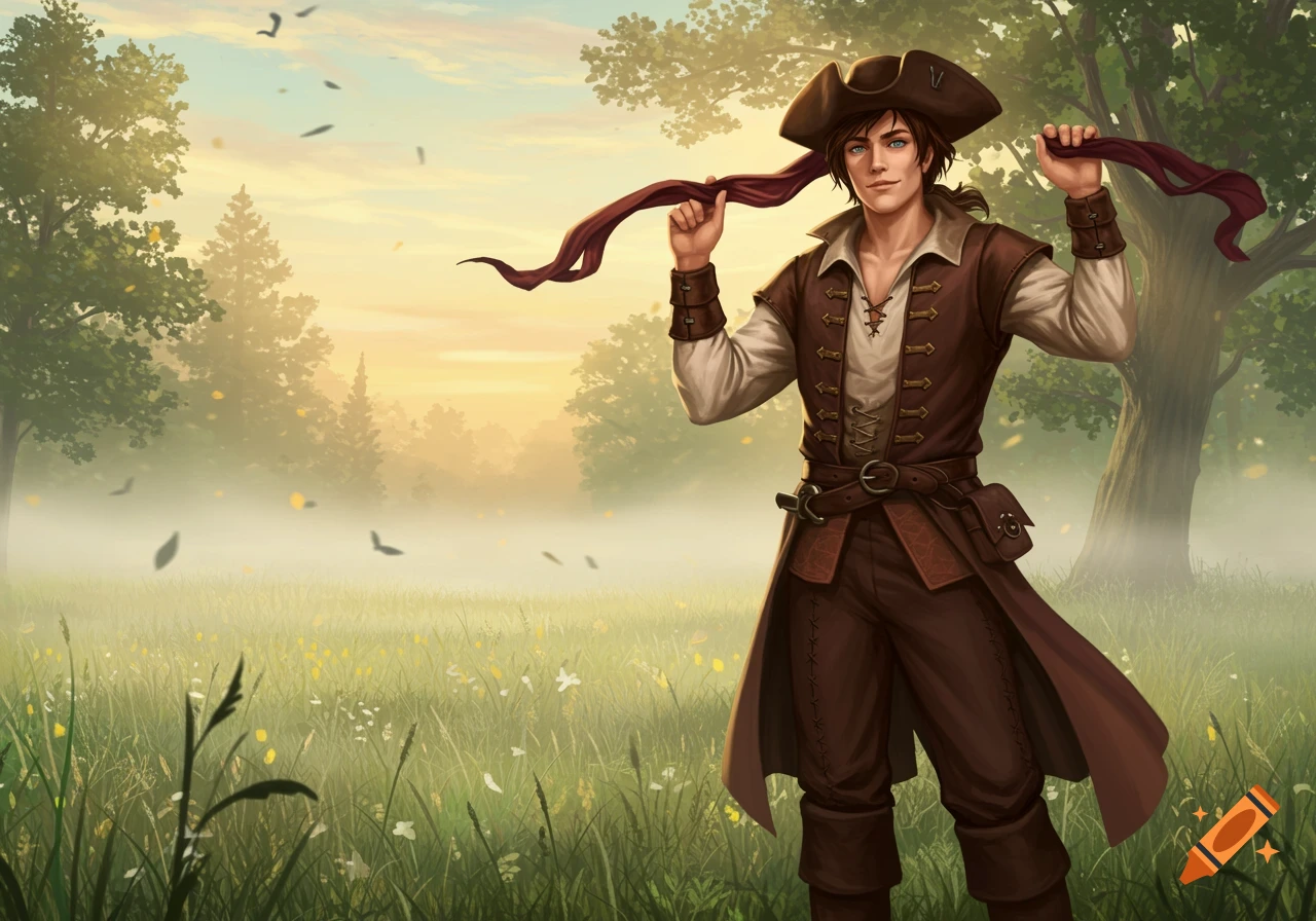 A young man in brown fantasy clothes and a tricorn hat stands in a misty green field with trees, holding a red sash.
