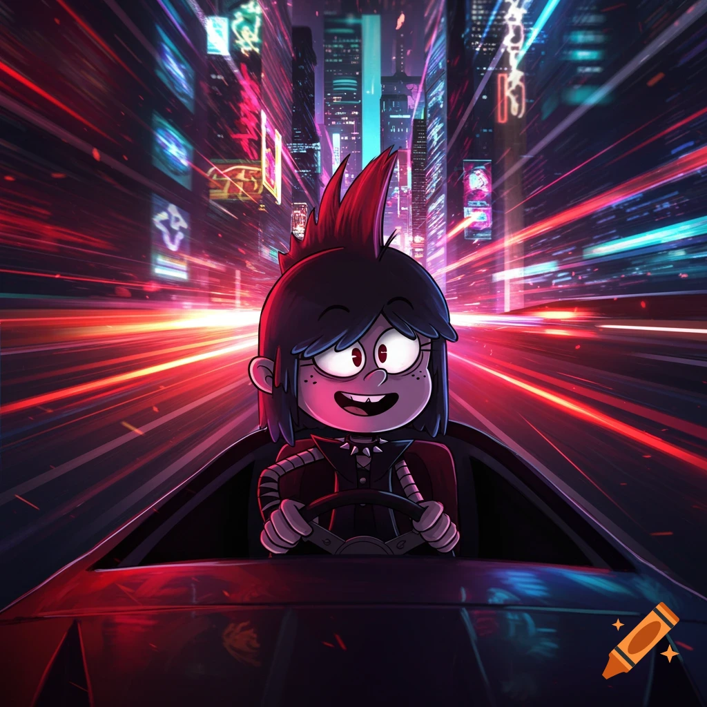 Lucy Loud, a cartoon character with a spiked mohawk, drives a car through a neon-lit cyberpunk city, red and blue lights blurring past.