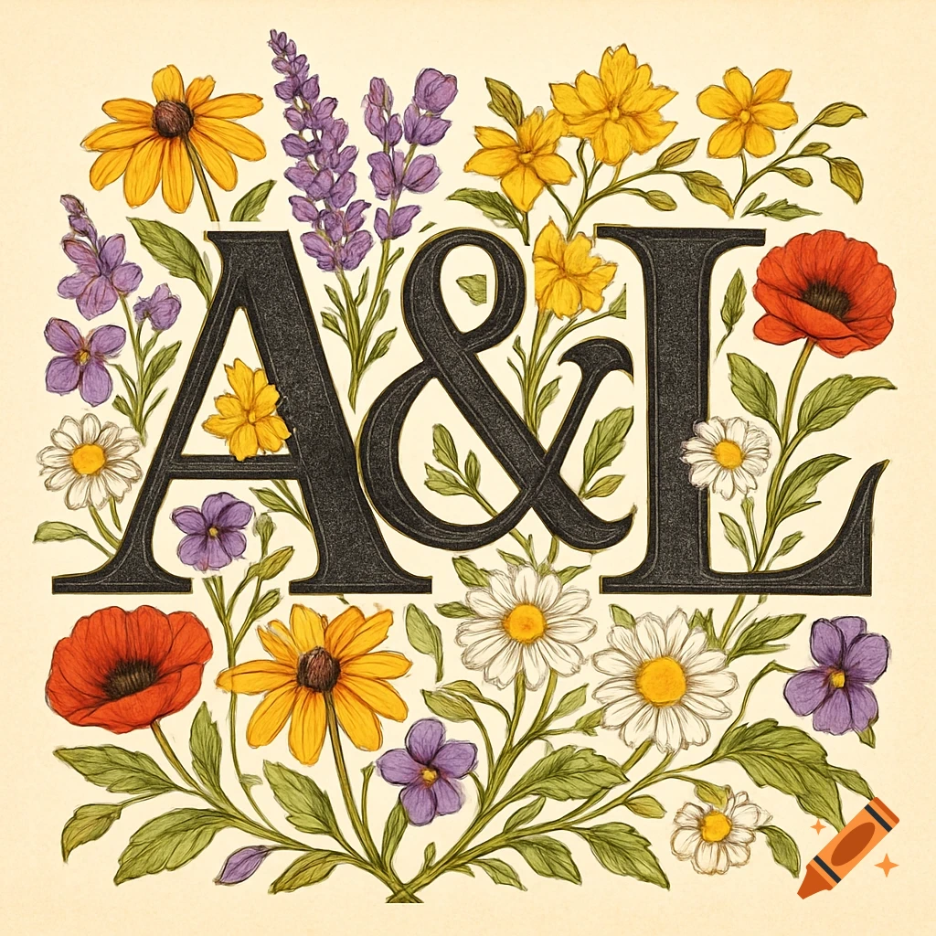 Botanical illustration of dark 'A&L' letters intertwined with colorful flowers like poppies, daisies, lavender, and violets on a light background.