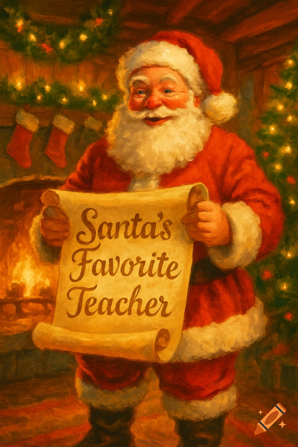 Painterly image of Santa Claus smiling in a cozy room, holding a scroll that reads 'Santa's Favorite Teacher'.