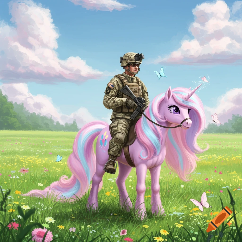 A soldier in camouflage uniform rides a pink unicorn with a rainbow mane through a field of colorful flowers.